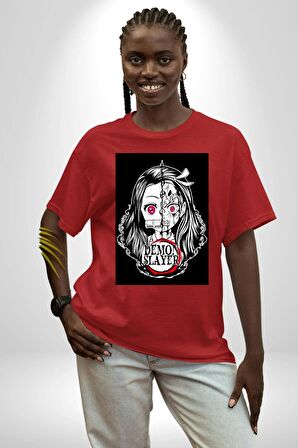 Anime Demon Slayer  Pamuklu Bisiklet Yaka Kadın Erkek Oversize Boyfriend Dijital Baskılı Kırmızı T-shirt