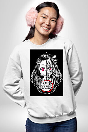 Anime Demon Slayer  Kadın Erkek Beyaz Sweatshirt 
