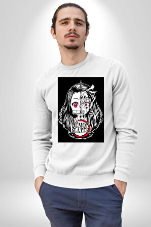 Anime Demon Slayer  Kadın Erkek Beyaz Sweatshirt 