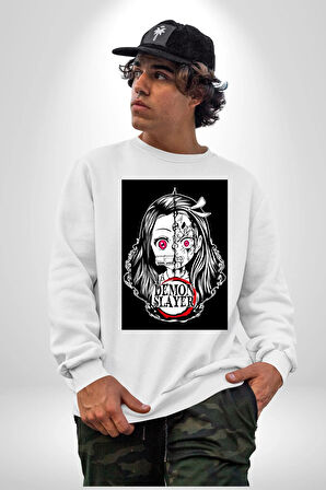 Anime Demon Slayer  Kadın Erkek Beyaz Sweatshirt 