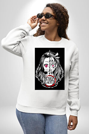Anime Demon Slayer  Kadın Erkek Beyaz Sweatshirt 