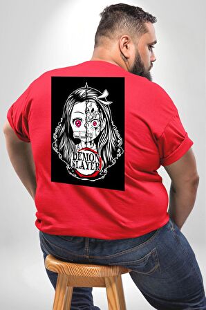 Anime Demon Slayer  Büyük Beden Kırmızı Tişört Kadın Erkek Ünisex Sırt Baskılı