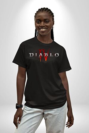 DIABLO oyun  Pamuklu Bisiklet Yaka Kadın Erkek Oversize Boyfriend Dijital Baskılı Siyah T-shirt