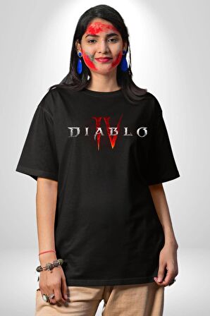 DIABLO oyun  Pamuklu Bisiklet Yaka Kadın Erkek Oversize Boyfriend Dijital Baskılı Siyah T-shirt