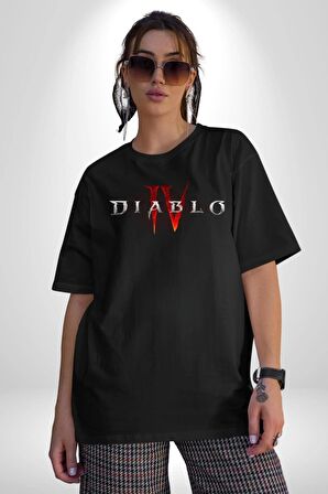 DIABLO oyun  Pamuklu Bisiklet Yaka Kadın Erkek Oversize Boyfriend Dijital Baskılı Siyah T-shirt