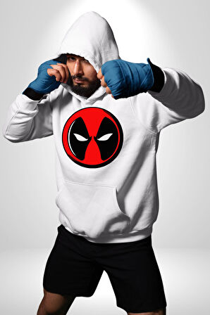 Deadpool Maske Kadın Erkek  Beyaz Kapüşonlu Sweatshirt Hoodie