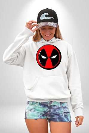 Deadpool Maske Kadın Erkek  Beyaz Kapüşonlu Sweatshirt Hoodie