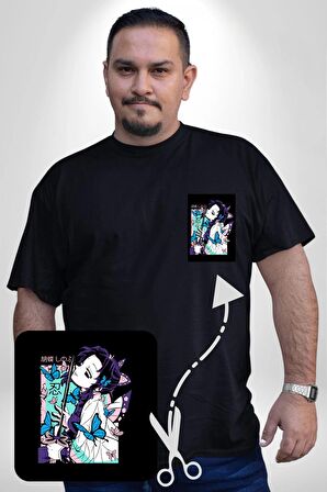 Shinobu Kocho Demon Slayer  Siyah Büyük Beden Kadın Basic Minimal Baskılı Tişört