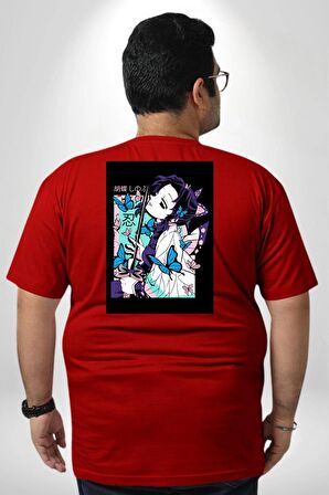 Shinobu Kocho Demon Slayer  Büyük Beden Kırmızı Tişört Kadın Erkek Ünisex Sırt Baskılı