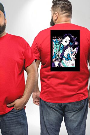 Shinobu Kocho Demon Slayer  Büyük Beden Kırmızı Tişört Kadın Erkek Ünisex Sırt Baskılı