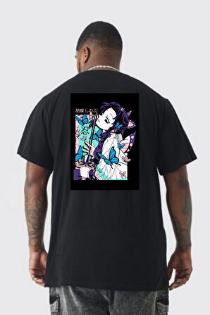 Shinobu Kocho Demon Slayer  Büyük Beden Siyah Tişört Kadın Erkek Ünisex Sırt Baskılı
