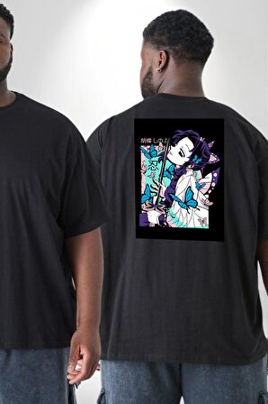 Shinobu Kocho Demon Slayer  Büyük Beden Siyah Tişört Kadın Erkek Ünisex Sırt Baskılı