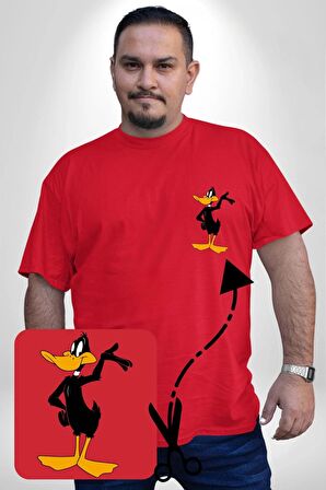 Daffy Duck Donald Duck Daisy Ördek Kırmızı Büyük Beden Kadın Basic Minimal Baskılı Tişört