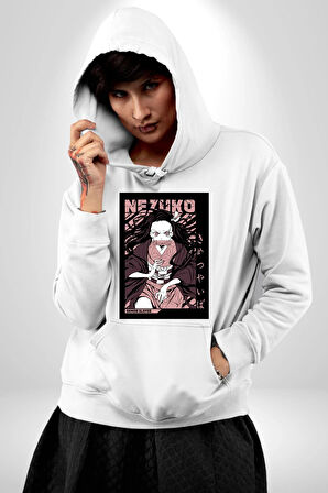 Nezuko Demon Slayer Kadın Erkek  Beyaz Kapüşonlu Sweatshirt Hoodie