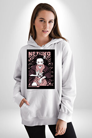 Nezuko Demon Slayer Kadın Erkek  Beyaz Kapüşonlu Sweatshirt Hoodie