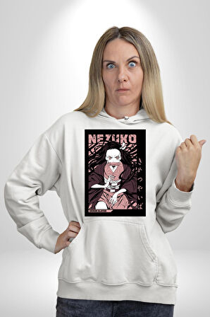 Nezuko Demon Slayer Kadın Erkek  Beyaz Kapüşonlu Sweatshirt Hoodie