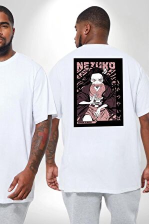 Nezuko Demon Slayer Büyük Beden Beyaz Tişört Kadın Erkek Ünisex Sırt Baskılı