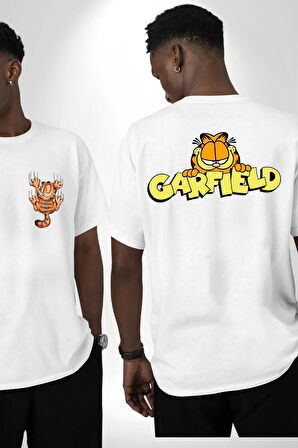 Garfield Beyaz Oversize Kadın Erkek Ön ve Sırt Baskılı Tişört