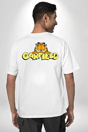 Garfield Beyaz Oversize Kadın Erkek Ön ve Sırt Baskılı Tişört