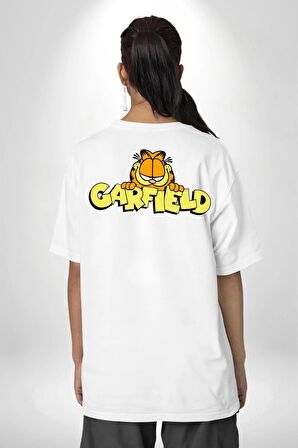 Garfield Beyaz Oversize Kadın Erkek Ön ve Sırt Baskılı Tişört