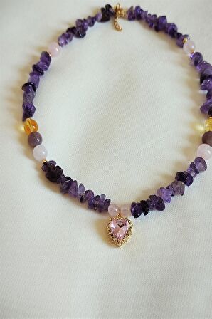 Swarovski Taşlı Pembe Kuvars, Ametist, Sitrin Doğaltaş Kalp Kolye