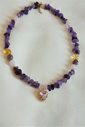 Swarovski Taşlı Pembe Kuvars, Ametist, Sitrin Doğaltaş Kalp Kolye