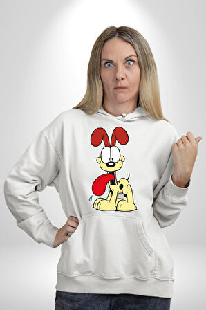 Odie Köpek Kadın Erkek  Beyaz Kapüşonlu Sweatshirt Hoodie