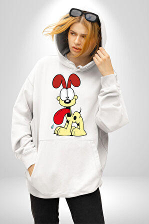 Odie Köpek Kadın Erkek  Beyaz Kapüşonlu Sweatshirt Hoodie