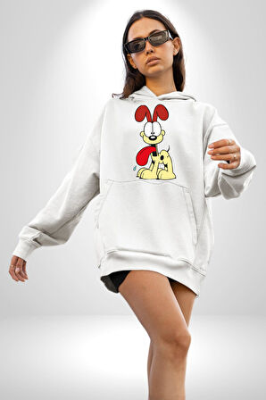 Odie Köpek Kadın Erkek  Beyaz Kapüşonlu Sweatshirt Hoodie