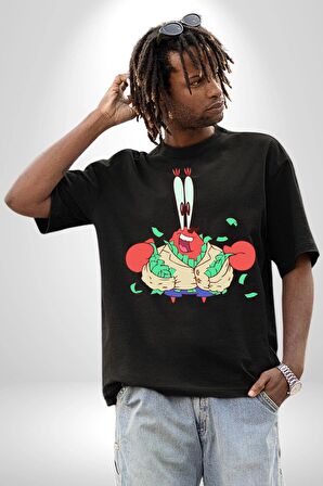Mr Krabs Spongebob Zengin Pamuklu Bisiklet Yaka Kadın Erkek Oversize Boyfriend Dijital Baskılı Siyah T-shirt