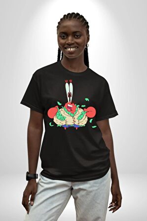 Mr Krabs Spongebob Zengin Pamuklu Bisiklet Yaka Kadın Erkek Oversize Boyfriend Dijital Baskılı Siyah T-shirt