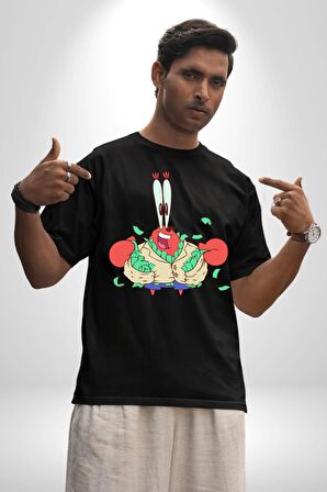 Mr Krabs Spongebob Zengin Pamuklu Bisiklet Yaka Kadın Erkek Oversize Boyfriend Dijital Baskılı Siyah T-shirt