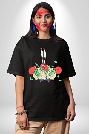 Mr Krabs Spongebob Zengin Pamuklu Bisiklet Yaka Kadın Erkek Oversize Boyfriend Dijital Baskılı Siyah T-shirt