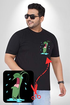 Plankton SpongeBob Siyah Büyük Beden Kadın Basic Minimal Baskılı Tişört