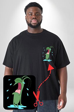 Plankton SpongeBob Siyah Büyük Beden Kadın Basic Minimal Baskılı Tişört