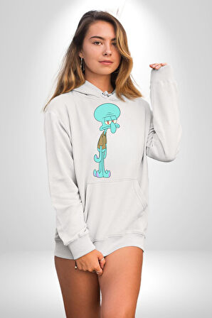 Squidwads Ahtapot Kadın Erkek  Beyaz Kapüşonlu Sweatshirt Hoodie