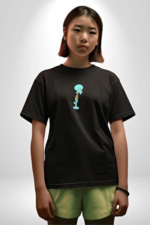 Squidwads Ahtapot Siyah Oversize Kadın Erkek Ön Orta Minimal Baskılı Tişört