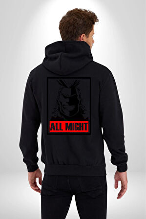 All Might Lahramanlık Akademim Anime Kadın Erkek Siyah Kapüşonlu Fermuarlı Baskılı Hırka Sweatshirt