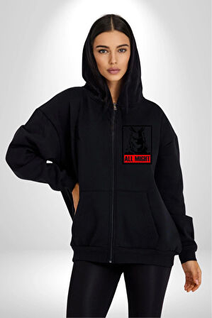 All Might Lahramanlık Akademim Anime Kadın Erkek Siyah Kapüşonlu Fermuarlı Baskılı Hırka Sweatshirt