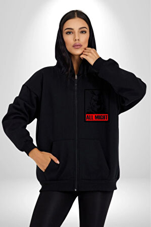 All Might Lahramanlık Akademim Anime Kadın Erkek Siyah Kapüşonlu Fermuarlı Baskılı Hırka Sweatshirt