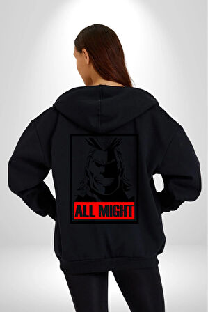 All Might Lahramanlık Akademim Anime Kadın Erkek Siyah Kapüşonlu Fermuarlı Baskılı Hırka Sweatshirt