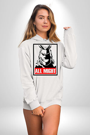 All Might Lahramanlık Akademim Anime Kadın Erkek  Beyaz Kapüşonlu Sweatshirt Hoodie
