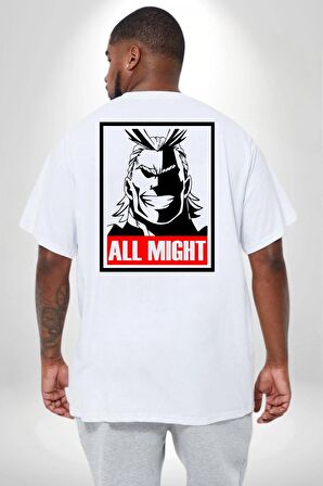All Might Lahramanlık Akademim Anime Büyük Beden Beyaz Tişört Kadın Erkek Ünisex Sırt Baskılı