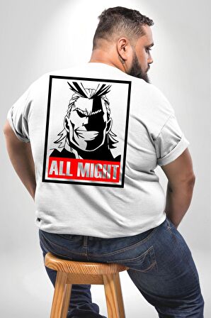 All Might Lahramanlık Akademim Anime Büyük Beden Beyaz Tişört Kadın Erkek Ünisex Sırt Baskılı