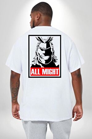 All Might Lahramanlık Akademim Anime Büyük Beden Beyaz Tişört Kadın Erkek Ünisex Sırt Baskılı