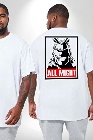All Might Lahramanlık Akademim Anime Büyük Beden Beyaz Tişört Kadın Erkek Ünisex Sırt Baskılı