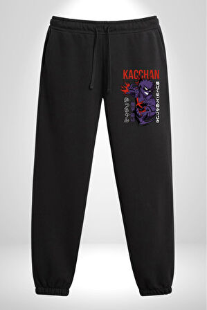 Kasuki Bakugo Anime  3 İplik Erkek Baskılı Siyah Eşofman Altı