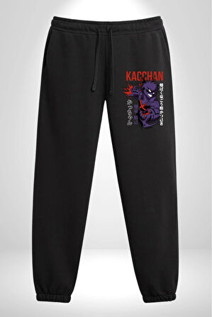 Kasuki Bakugo Anime  3 İplik Erkek Baskılı Siyah Eşofman Altı