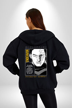 Enji Todoroki Manga Kadın Erkek Siyah Kapüşonlu Fermuarlı Baskılı Hırka Sweatshirt