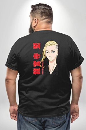 Ken Ryugujı Anime Tokyo İntikamcıları Büyük Beden Siyah Tişört Kadın Erkek Ünisex Sırt Baskılı